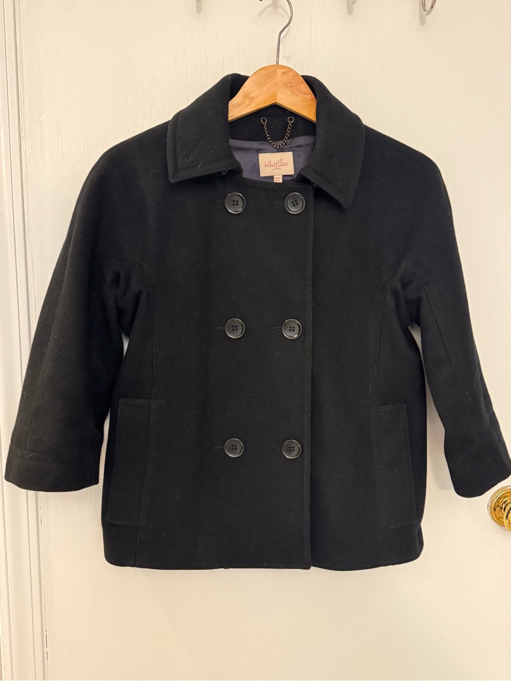 Whistles Double-Breasted Black Wool Blend Pea Coat with 3/4 Sleeves